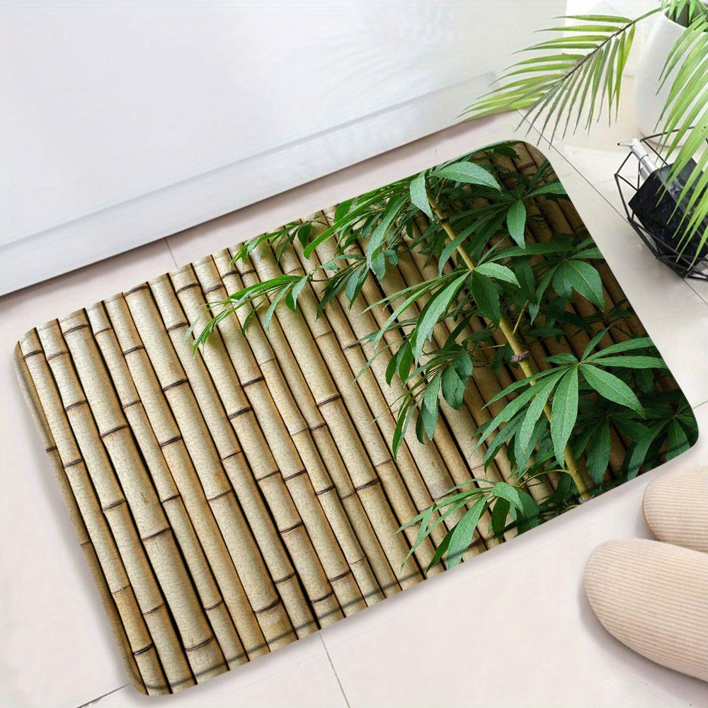 1 Serene Bamboo Bath Mat   Natural Beige Bamboo with Green Stems  Featuring a Soft Blanket Texture And a Non Slip Polyester Backing  Perfect for Bathroom Decor  Bath Mat | Tranquil Design | Soft Textured Mat