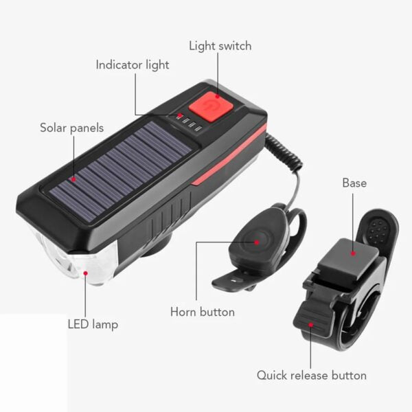 Aerbes AB-ZX17 Solar Powered LED 1200mah Battery Bicycle Front Light With Horn