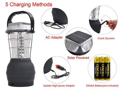 Solar Lantern, 5 Mode Hand Crank Dynamo Rechargeable Camping Lantern 36 LED Emergency Light Ultra Bright Car Charge Camping Gear for Hiking Emergency