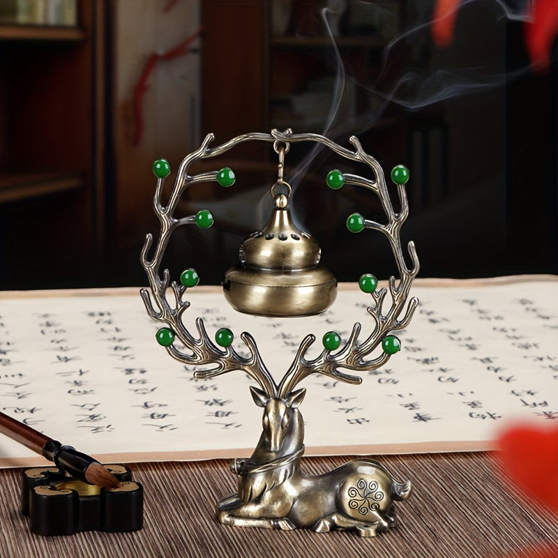 LASODY Elegant Chinese Style Incense Burner with Deer Base   Metal  Green Jade Beads & Golden Bell  Perfect for Home Decor  Christmas  Valentine's  Thanksgiving  Mother'S & Father'S Day  Accessory|Traditional Aesthetic|Elegant Design  Incense Holde