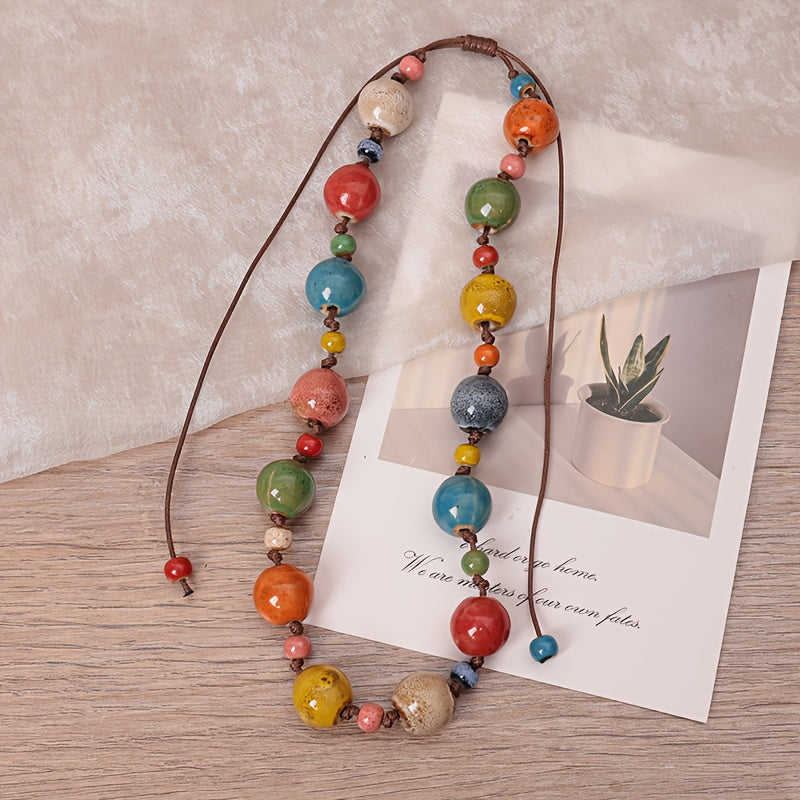 Bohemian Style Ceramic Pearl Adjustable Necklace   Handmade  High Temperature Fired  Multicolor Rose Pattern Gemstone  Versatile Sweater Chain. Bohemian Fashion Jewelry  Perfect for Daily Wear and Special Occasions  Ideal Gift for Valentine'S Day  Mother'
