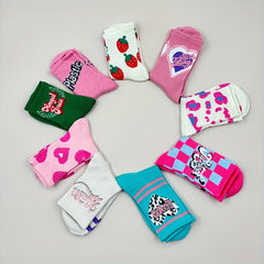 5 pairs of cute polyester socks for women   Heart|Strawberry|Letter|Checkerboard pattern mix  all season polyester socks  soft mid calf socks for all seasons  comfortable casual sports socks  machine washable