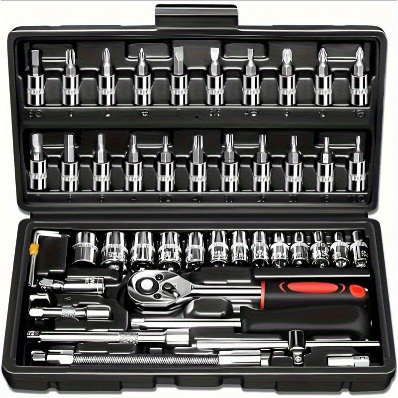 Summer special offer  46pcs multi functional maintenance tool set  portable outdoor machinery emergency repair kit  easy to deal with emergencies  including ratchet wrench  sleeve set  screwdriver head  extension rod  storage box  etc
