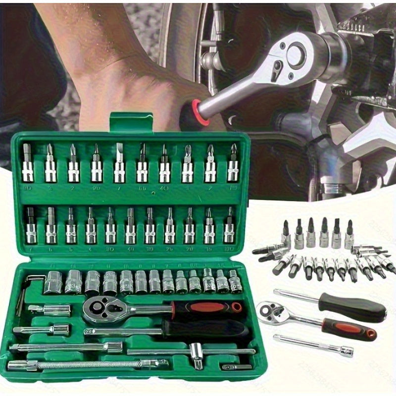 Summer special offer  46pcs multi functional maintenance tool set  portable outdoor machinery emergency repair kit  easy to deal with emergencies  including ratchet wrench  sleeve set  screwdriver head  extension rod  storage box  etc