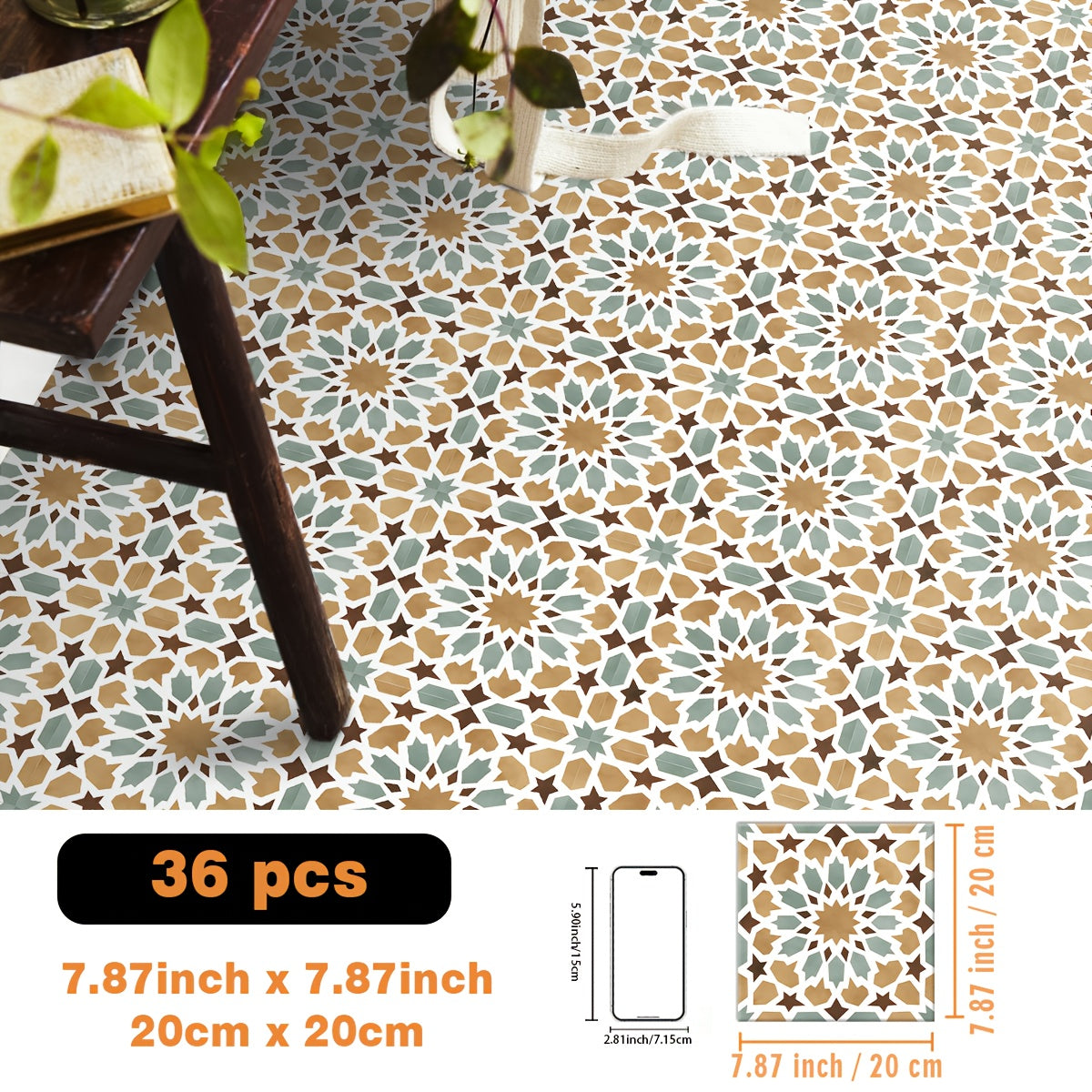 12/36pcs Retro Arabian Style  Mosaic Pattern Self Adhesive Vinyl Floor Tiles  Removable and Easy to Install  Suitable for Cabinets  Living Room  Bedroom  Balcony  Entryway  etc.  Size: 19.99/30.0cm  Flooring Self Adhesive Tile  Flooring Tile Self Adhesive