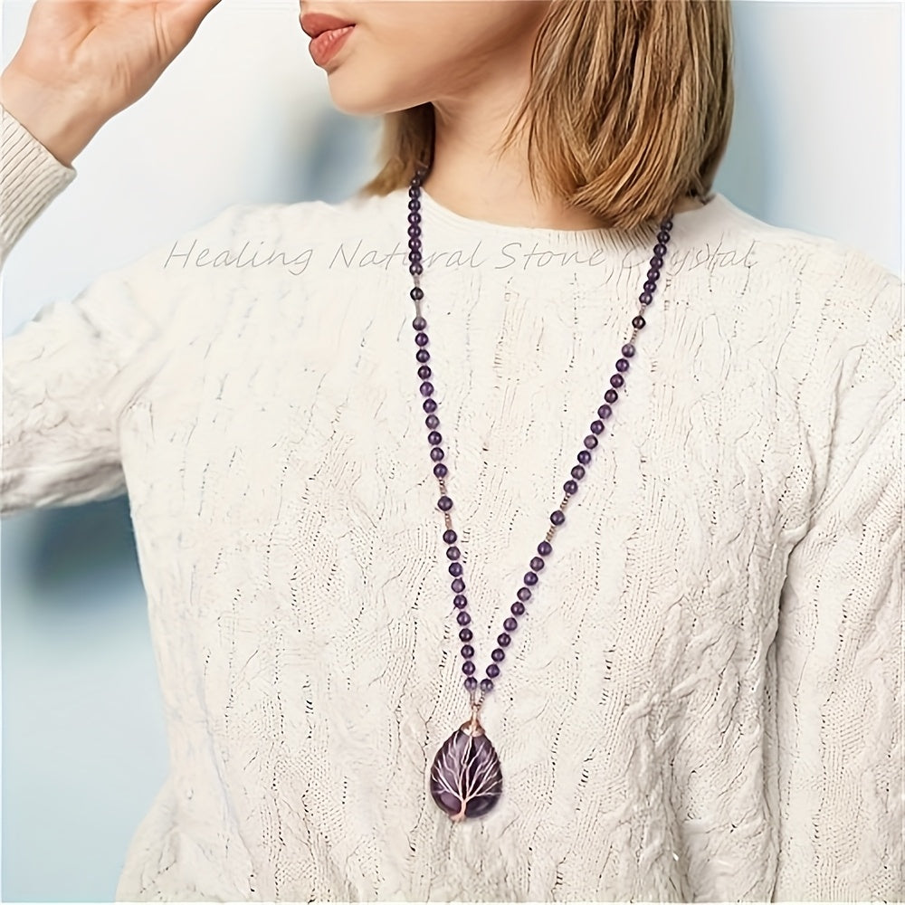 [Gift Ready] JXMYBA Boho Chic Natural Amethyst Tree of Life Pendant Necklace   Handmade Chakra Gemstone Bead Chain with Golden Wire Wrapped Teardrop Charm  Ideal for Valentine'S Day & Birthday Gifts  Holiday Jewelry|Elegant Gift Box|Natural Crystal Bead C