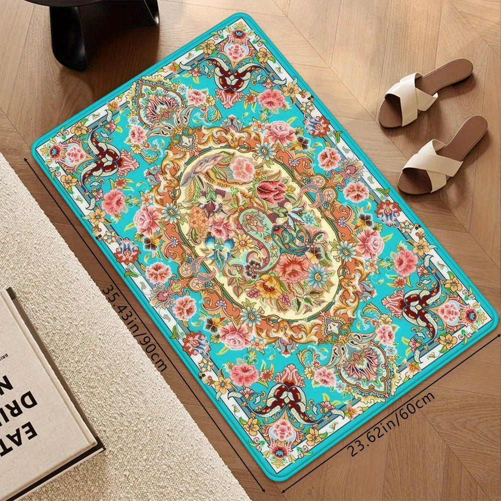 1Pc Elegant Blue Floral Doormat Soft Absorbent Non Slip
