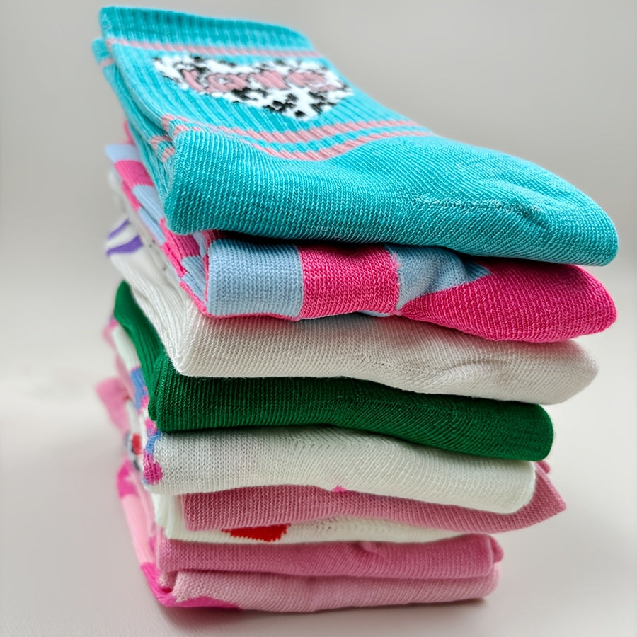 5 pairs of cute polyester socks for women   Heart|Strawberry|Letter|Checkerboard pattern mix  all season polyester socks  soft mid calf socks for all seasons  comfortable casual sports socks  machine washable
