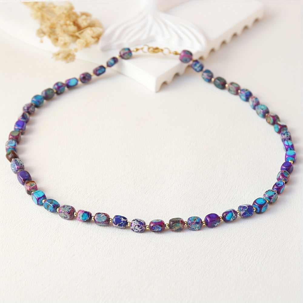 Handcrafted Bohemian Multilayer Natural Stone Necklace   Purple & Blue Marbled Beads with Golden Accents  Golden Tone Chain for Women  Casual & Formal Jewelry Gift
