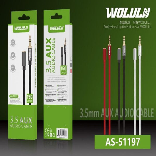 Wolulu AS-51197 Male 3.5mm To Female 3.5mm Aux Cable 1.5m