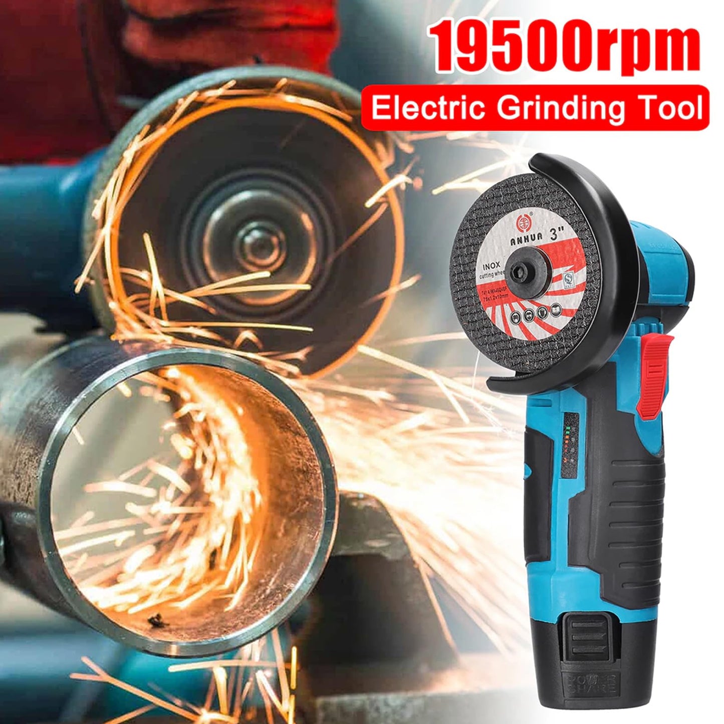 Toplionace 19500RPM 12V Rechargeable Mini Angle Grinder, 800W Handheld Lithium Battery Cordless Polishing Cutting Machine