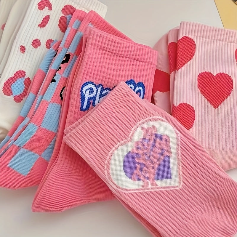 5 pairs of cute polyester socks for women   Heart|Strawberry|Letter|Checkerboard pattern mix  all season polyester socks  soft mid calf socks for all seasons  comfortable casual sports socks  machine washable