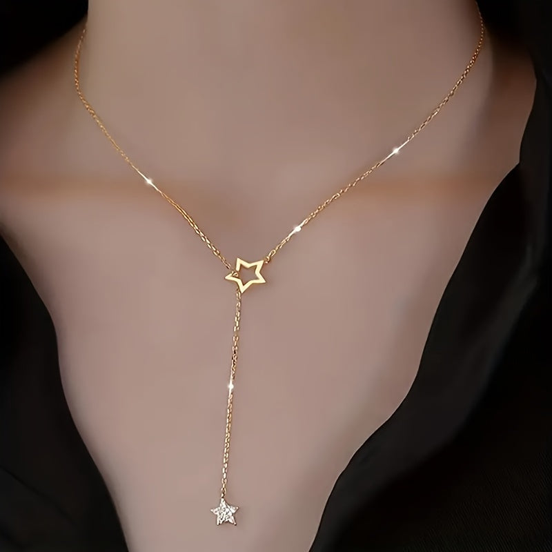 Elegant Y Necklace with Star Pendant   Golden Tone Iron  Perfect for Daily Wear & Special Occasions  Ideal Birthday or Holiday Gift