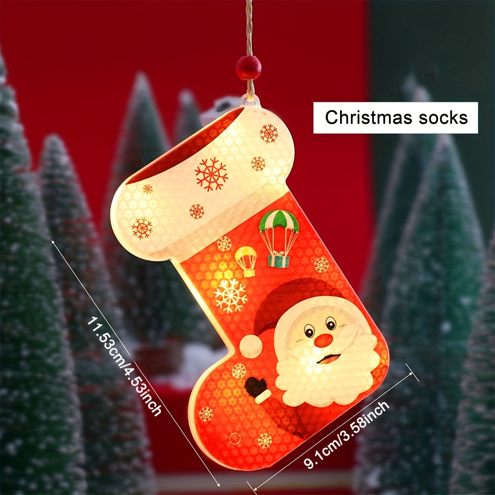 1pc Christmas LED hanging Lights  Reindeer  snowflakes  Christmas tree  snowman  socks  stars Design  Cute Style  Battery Powered  Indoor Holiday Decor  for Home  Wall  Window  Curtain  Party  Bedroom  Xmas Tree Decoration  Indoor Hanging Lights