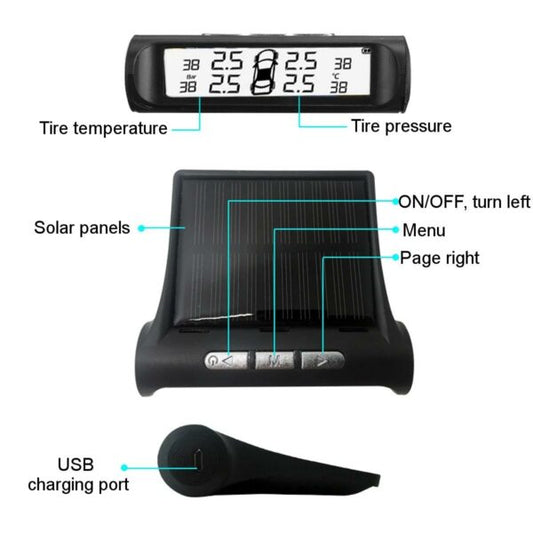 X6 Wireless Solar Tyre Pressure Monitoring System TPMS with Black and White LED