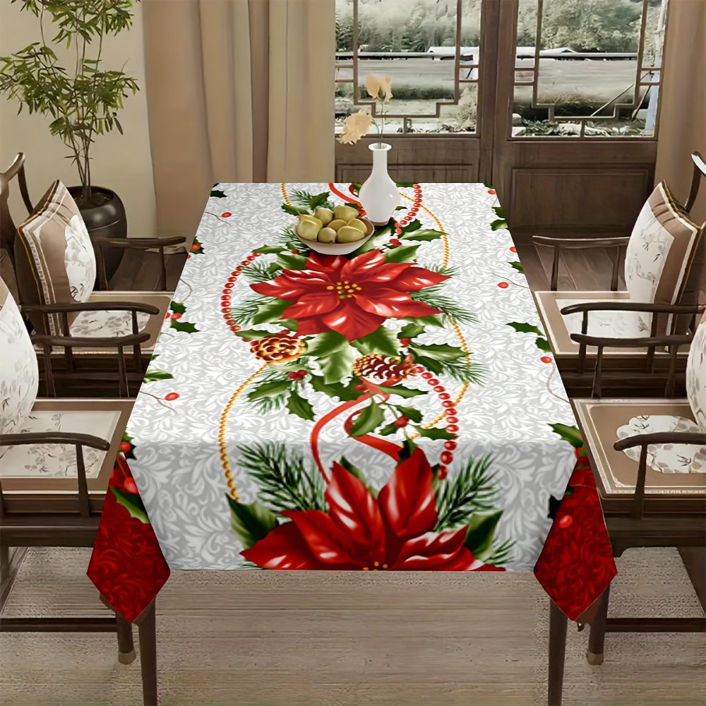Christmas Poinsettia Floral Tablecloth with Red & White Snowflake Pattern   Red/Green Holiday Table Cover  Durable Fabric for Weddings  Parties  Everyday Dining   Easy Clean Square Tablecloth for Christmas Decorations  Festive Poinsettia Design with Holly