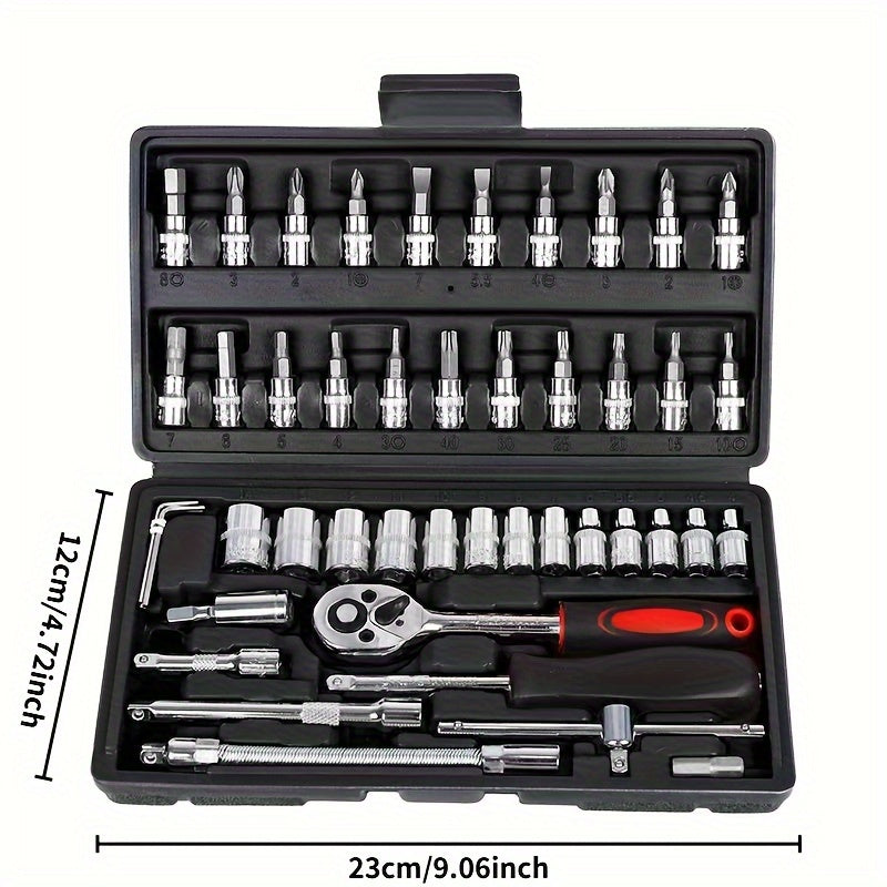 Summer special offer  46pcs multi functional maintenance tool set  portable outdoor machinery emergency repair kit  easy to deal with emergencies  including ratchet wrench  sleeve set  screwdriver head  extension rod  storage box  etc