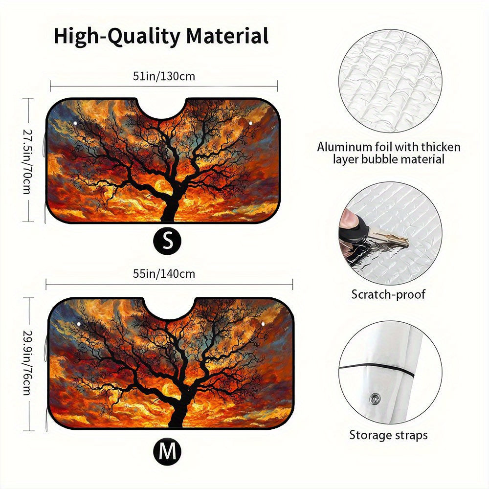 1pc Fiery Sunset Tree Silhouette Car Sunshade   Foldable Design  Vibrant Orange & Red Art Pattern  Perfect for Daily Drives  Grocery Runs  and Events  Easy to Store  Enhances Every Ride  Car Sunshade