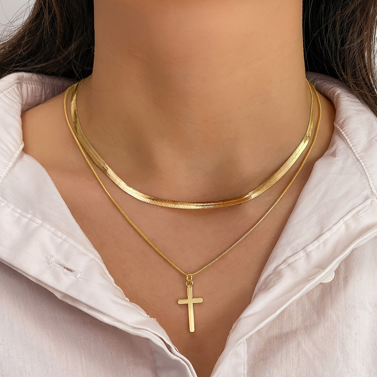 2pcs Layered Golden Toned Cross Pendant Necklace Set for   Layered Snake Chain Double Cross Pendants  Minimalist Everyday & Party  Year Round Versatile Necklace Combo ( Golden Look  No Plating)   Gift Ready