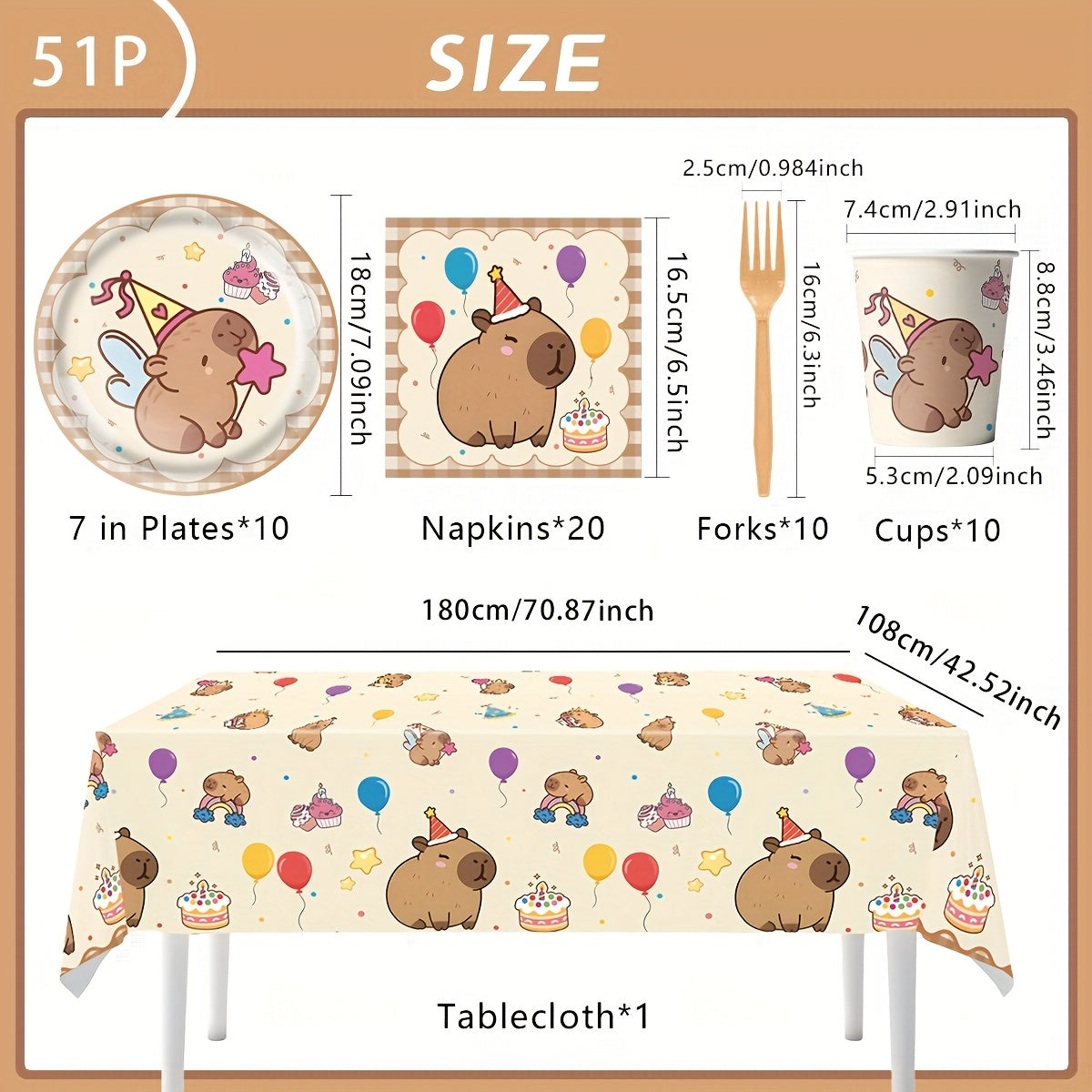40/41/51/60pcs Capybara Party Supplies Set Disposable Tableware  Paper Plates  Napkins  Cups  Tablecloth  Forks for Birthday Celebrations for Halloween  Christmas Event & Party Supplies Halloween&Christmas
