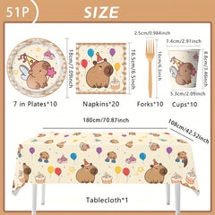40/41/51/60pcs Capybara Party Supplies Set Disposable Tableware  Paper Plates  Napkins  Cups  Tablecloth  Forks for Birthday Celebrations for Halloween  Christmas Event & Party Supplies Halloween&Christmas