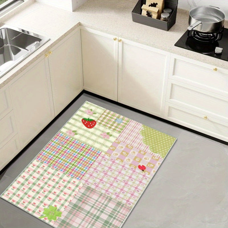 1Pc Vintage Floral & Plaid Pattern Doormat Durable Polyester