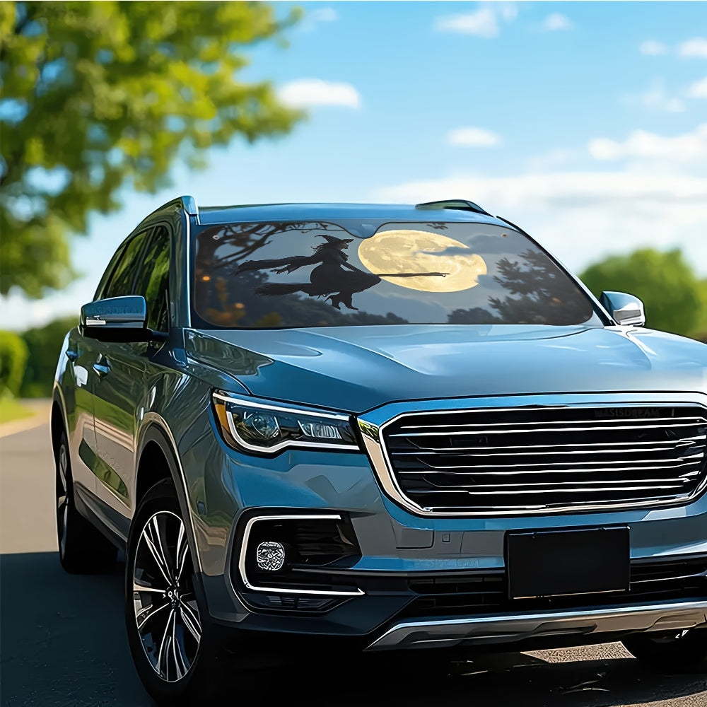 1pc Gothic Witch Flying on Broomstick with Bats & Moon  Sun Visor   Fit Glowing Eyes Design  Dark  Night Sky & Witches Hat   Premium Sun Protection for Family Road Trips  Spooky  Accessories (Halloween & Everyday Use)   Easy Clip On Installation  Durable