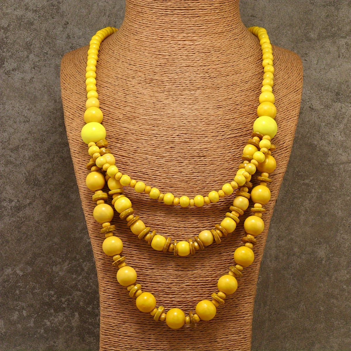 Handmade Bohemian Multi Layer Necklace   High Quality Recycled Wood Beads with Vibrant Yellow & Golden Brown Tones  Intricate Carvings  Versatile for Casual Attire or Gift  Women's Fashion Jewelry  Wooden Necklace  Gift Accessory  Multilayered Design