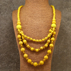 Handmade Bohemian Multi Layer Necklace   High Quality Recycled Wood Beads with Vibrant Yellow & Golden Brown Tones  Intricate Carvings  Versatile for Casual Attire or Gift  Women's Fashion Jewelry  Wooden Necklace  Gift Accessory  Multilayered Design