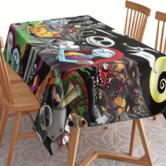"The Nightmare Before Christmas" Tablecloth   Jack Skellington & Sally Design  Washable Polyester  Rectangular  Ideal for Halloween Decor  Picnics  BBQs  and Birthday Parties  Halloween Table Decor|Character Themed Decor|Rectangular Shape  Decorations