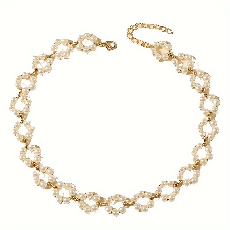 JQ7221 Women's Retro Minimalist Imitation Pearl Necklace   Golden Tone Chain with White Imitation Pearl  Lightweight Elegant Clavicle Chain for Daily Wear & Parties  Timeless Versatile Jewelry Gift  Party Accessory  Casual Chic Accessory  Trendy Style  De
