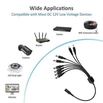 8 Way DC Power Supply Splitter For Security Cameras 1 Female To 8 Male