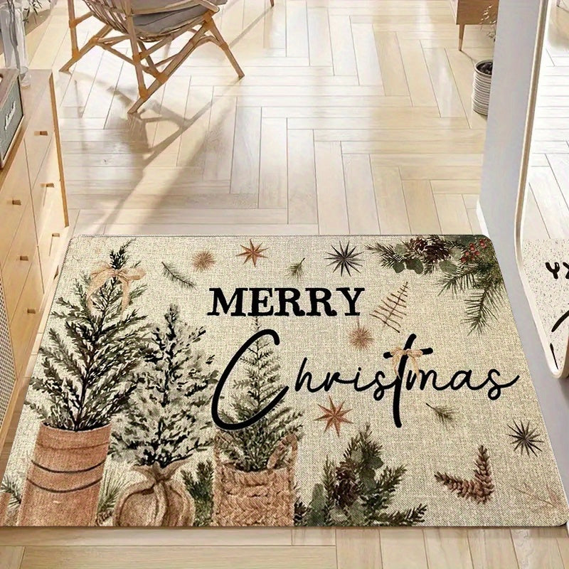1Pc Vintage Christmas Doormat Machine Washable Polyester Festive Holiday