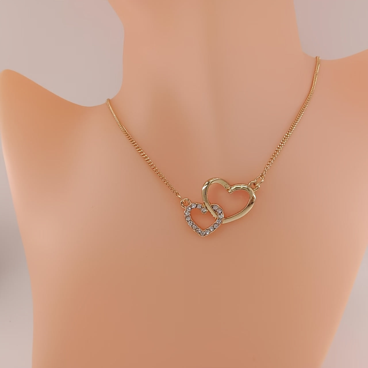 1pc Elegant Japanese & Korean Style Golden Plated Double Heart Necklace with Sparkling Rhinestones   Chic Clavicle Chain for Daily Wear & Parties  Valentine'S Day Gift  Valentine Jewelry|Elegant Necklace|Zinc Alloy Necklace