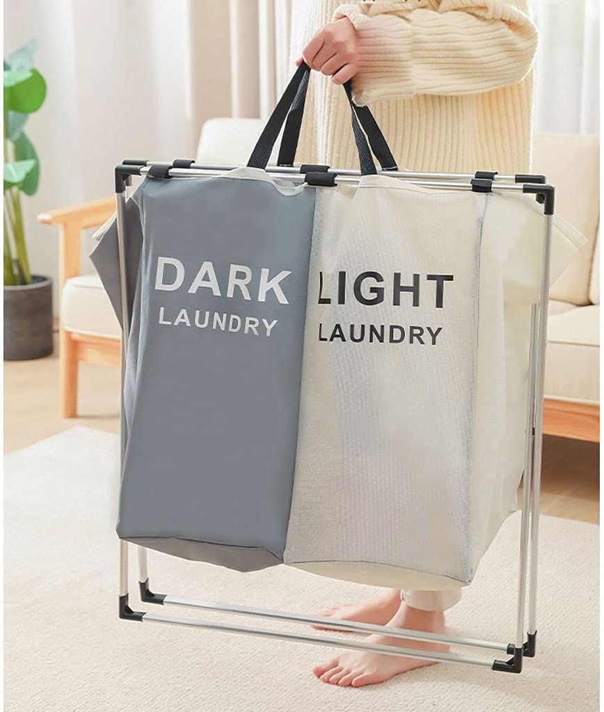 Laundry Basket Foldable 2 Sections Dirty Clothes Hamper with Aluminum Frame Waterproof Sorter Basket Bin for Bathroom Hotel