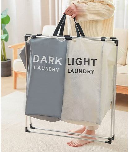 Laundry Basket Foldable 2 Sections Dirty Clothes Hamper with Aluminum Frame Waterproof Sorter Basket Bin for Bathroom Hotel