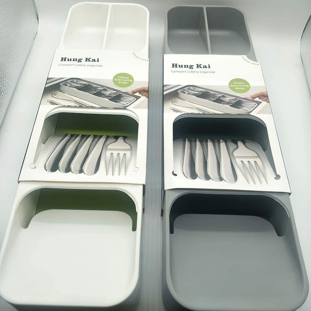 Plastic Drawer Cutlery Organizer Tray Kitchen Storage Holder Rack for Cutlery Silverware Compact Cutlery Tray Spoon Cutlery Box (Grey)
