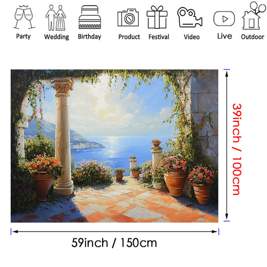 1pc Mediterranean Spring Floral Garden Scenery Background - Polyester Vintage Lakeside Window Scenery Banner for Home Wall Decoration, Indoor Outdoor Party Decoration, Multipurpose, Universal Festival Use, No Electricity Required