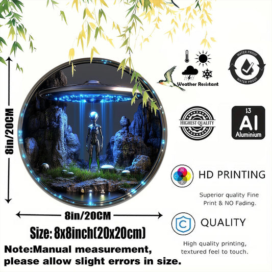 1pc Classic Style Alien and Spaceship Theme Aluminum Wall Decorative Sign, 8x8 Inch, Vintage Art Plaque, Multipurpose Indoor Use, No Electricity Required, Suitable for Home, Living Room, Office