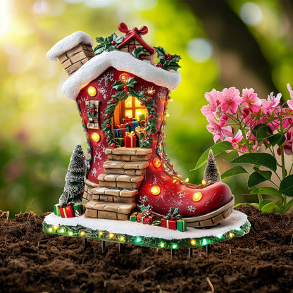 1pc Solar Powered Christmas Elf Boot House Garden Stake, Acrylic Planter Design, Fairy Theme Outdoor Decorative Light Catcher for Lawn, Patio, Home - Holiday Decoration
