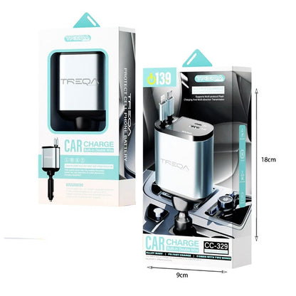 Treqa CC-329 USB + PD Car Charge With Built-in Type C And IOS Charging Cable