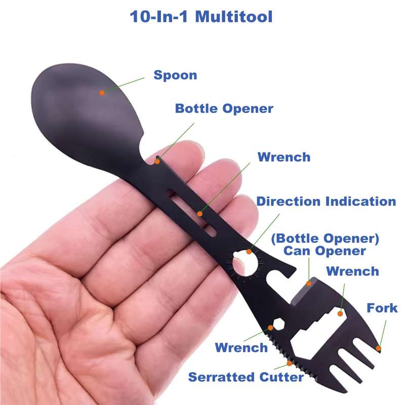1pc Compact 10-in-1 Stainless Steel Multi-Tool Spork