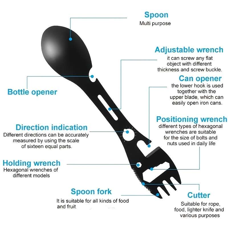 1pc Compact 10-in-1 Stainless Steel Multi-Tool Spork