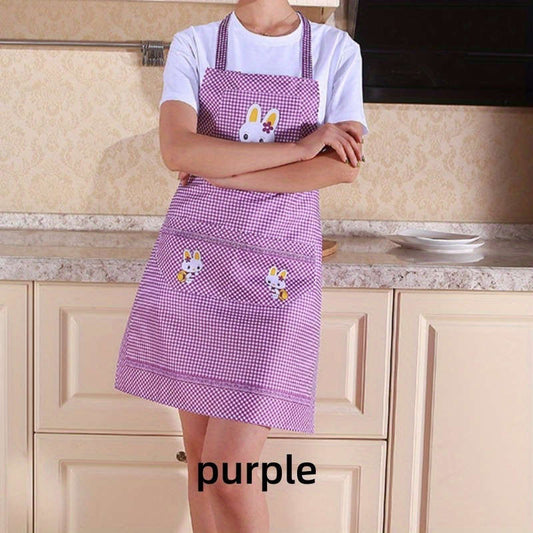 Charming Bunny Theme Green and White Check Polyester Kitchen Apron with Pockets - Peach Skin