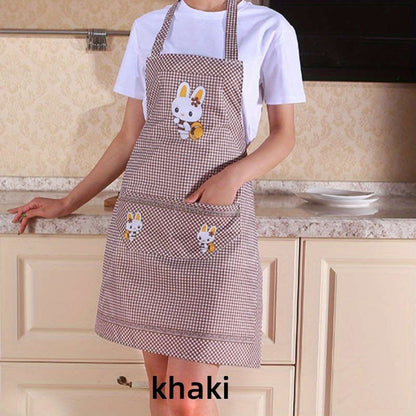 Charming Bunny Theme Green and White Check Polyester Kitchen Apron with Pockets - Peach Skin