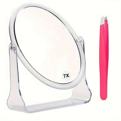 1X and 7X magnification makeup mirror and hair removal tweezers 2-piece set