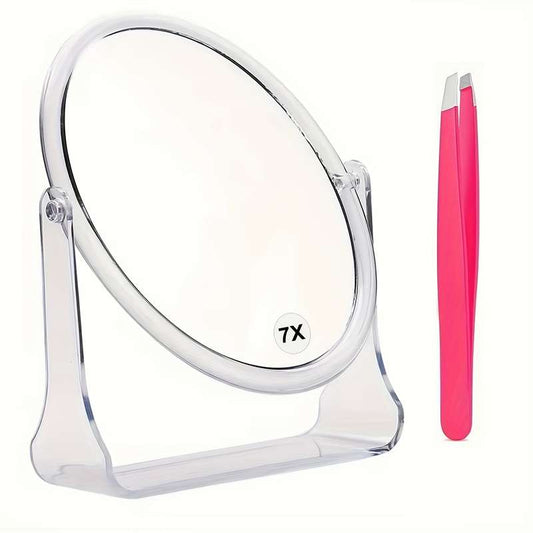 1X and 7X magnification makeup mirror and hair removal tweezers 2-piece set
