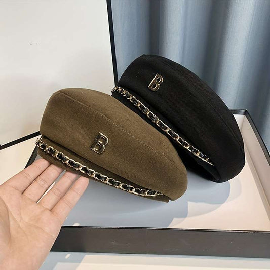 1pcs Elegant Chain Decoration Beret Lightweight British Style Painter Hat Vintage Beret Newsboy Hat