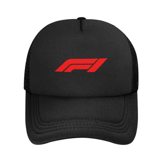 1pc F1 Racing Mesh Baseball Cap Black Snapback with Red F1 Logo Lightweight Polyester Breathable