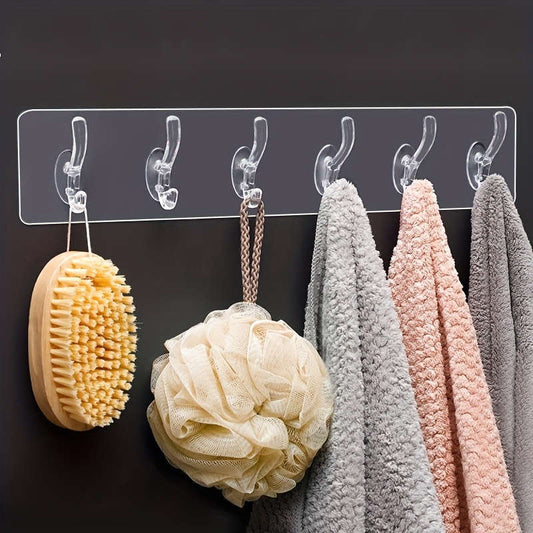 Easy to install clear adhesive hooks - 6 rows of hooks, suitable for hanging clothes and hats, no need to drill holes for wall hanging, perfect for bathroom and closet storage, practical hooks